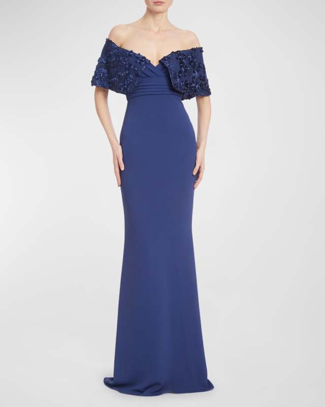 Off-Shoulder Floral Applique Trumpet Gown